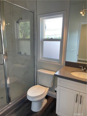 Bathroom, Glass Shower, Interior, Marble Walls, Wood Texture Flooring