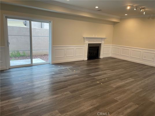 Empty room, Fireplace, Interior, Recessed Lighting, Wood Texture Flooring
