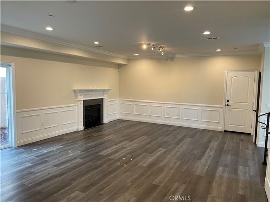 Empty room, Fireplace, Interior, Recessed Lighting, Wood Texture Flooring