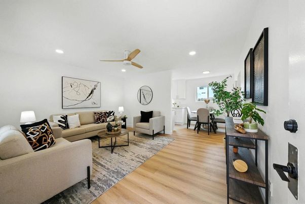 Dining room, Interior, Living room, Recessed Lighting, Wood Texture Flooring