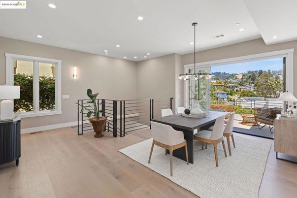 Dining room, Interior, Pendant Lights, Recessed Lighting, Wood Texture Flooring