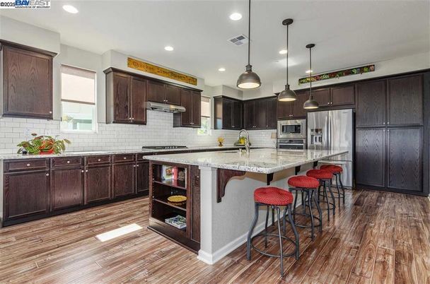 Interior, Kitchen, Pendant Lights, Recessed Lighting, Stainless Steel Appliances, Wood Texture Flooring