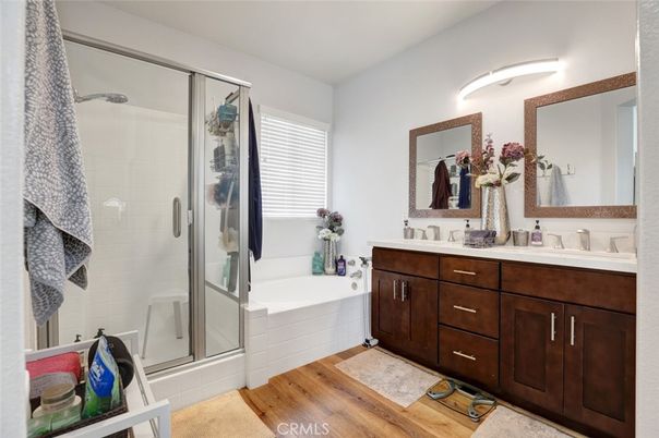 Bathroom, Dual Sink Vanities, Glass Shower, Interior, Wood Texture Flooring