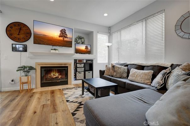 Fireplace, Interior, Living room, Recessed Lighting, Wood Texture Flooring