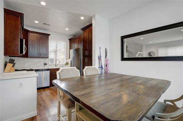 Dining room, Interior, Kitchen, Recessed Lighting, Wood Texture Flooring