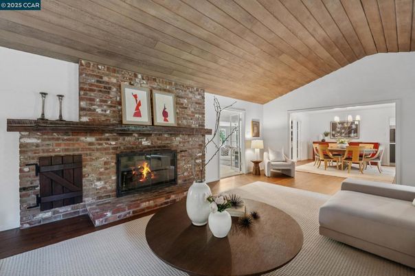 Dining room, Fireplace, Interior, Living room, Stone Walls, Wooden Ceilings, Wood Texture Flooring