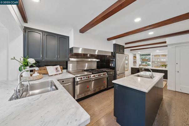 Interior, Kitchen, Recessed Lighting, Stainless Steel Appliances, Wooden Beams, Wood Texture Flooring