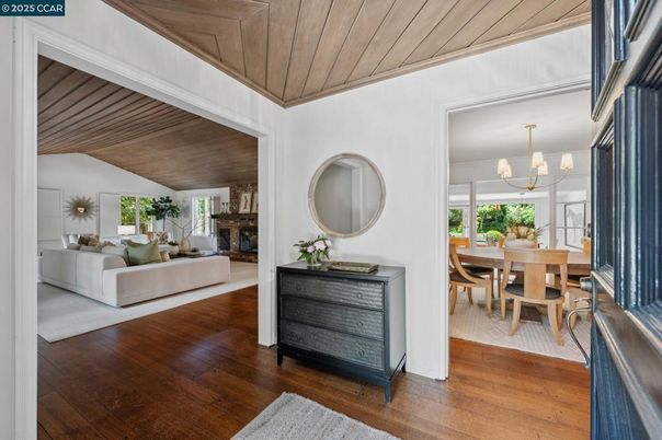 Chandelier, Dining room, Fireplace, Interior, Living room, Wooden Ceilings, Wood Texture Flooring