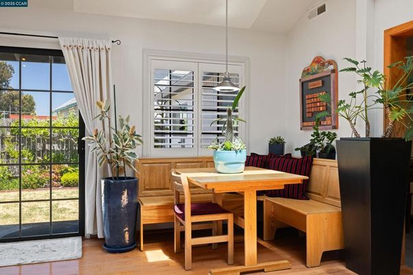 Dining room, Interior, Pendant Lights, Wood Texture Flooring