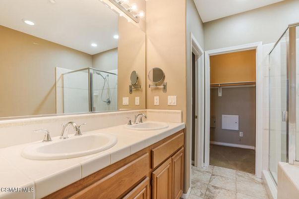 Bathroom, Dual Sink Vanities, Glass Shower, Interior, Recessed Lighting, Tile Countertops
