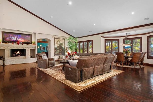 Dining room, Fireplace, Interior, Living room, Pendant Lights, Recessed Lighting, Wood Texture Flooring