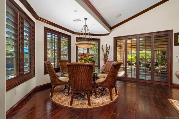 Dining room, Interior, Pendant Lights, Recessed Lighting, Wood Texture Flooring