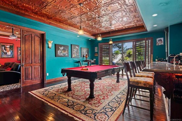 Billiard Table, Game Room, Interior, Pendant Lights, Recessed Lighting, Wood Texture Flooring