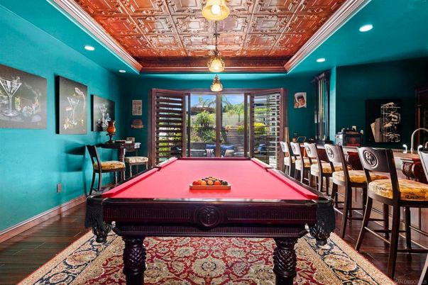 Billiard Table, Game Room, Interior, Pendant Lights, Recessed Lighting, Wood Texture Flooring