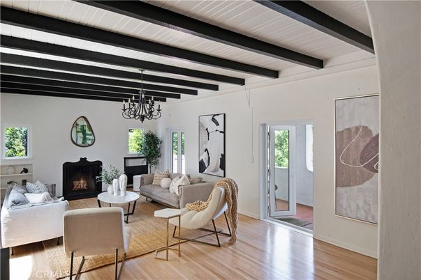 Chandelier, Fireplace, Interior, Living room, Wooden Beams, Wood Texture Flooring