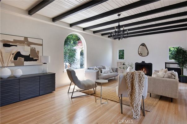 Chandelier, Fireplace, Interior, Living room, Pendant Lights, Wooden Beams, Wood Texture Flooring