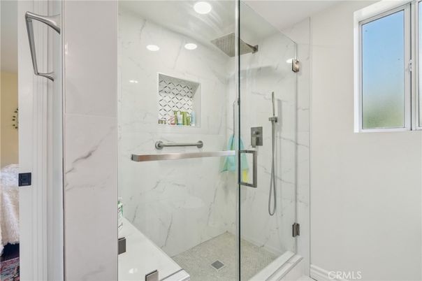 Bathroom, Glass Shower, Interior, Marble Walls, Recessed Lighting