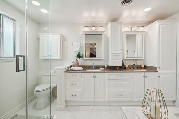 Bathroom, Dual Sink Vanities, Glass Shower, Interior, Marble, Recessed Lighting
