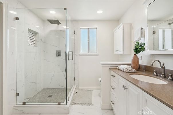 Bathroom, Glass Shower, Interior, Marble, Marble Walls, Recessed Lighting
