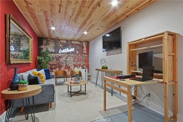 Home Office, Interior, Living room, Recessed Lighting, Stone Walls, Wooden Ceilings