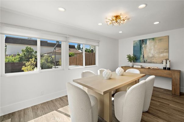 Dining room, Interior, Recessed Lighting, Wood Texture Flooring