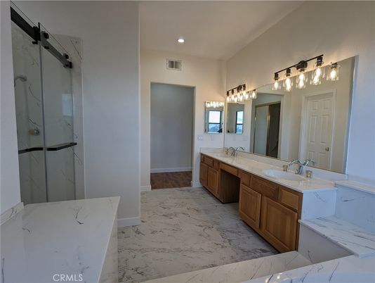 Bathroom, Dual Sink Vanities, Glass Shower, Interior, Marble, Recessed Lighting