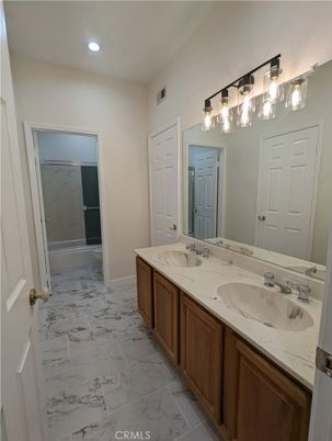 Bathroom, Dual Sink Vanities, Interior, Marble, Recessed Lighting