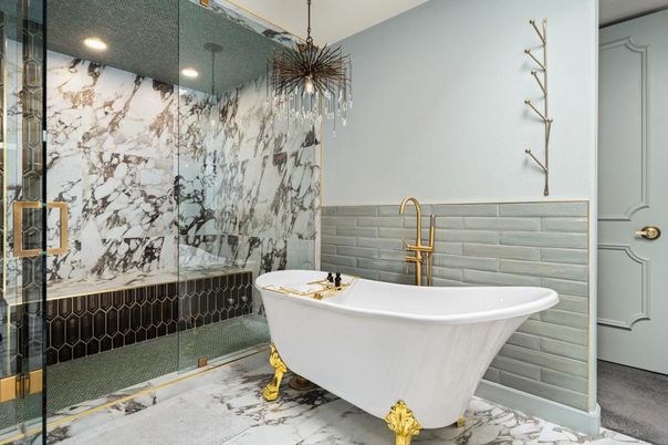 Bathroom, Free Standing Baths, Glass Shower, Interior, Marble, Marble Walls, Pendant Lights, Recessed Lighting