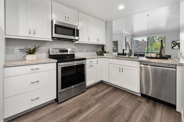 Interior, Kitchen, Recessed Lighting, Stainless Steel Appliances, Wood Texture Flooring