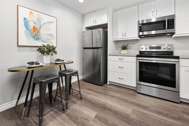 Interior, Kitchen, Recessed Lighting, Stainless Steel Appliances, Wood Texture Flooring