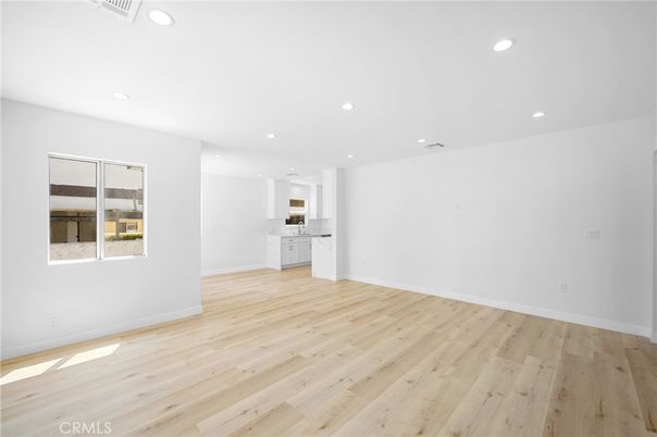 Empty room, Interior, Kitchen, Recessed Lighting, Wood Texture Flooring