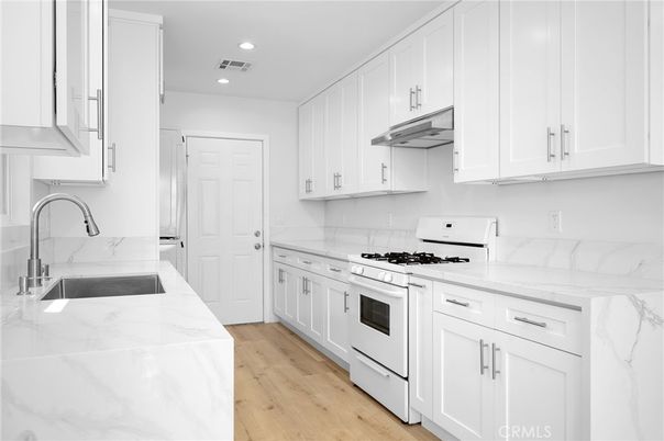 Interior, Kitchen, Marble Walls, Recessed Lighting, Wood Texture Flooring