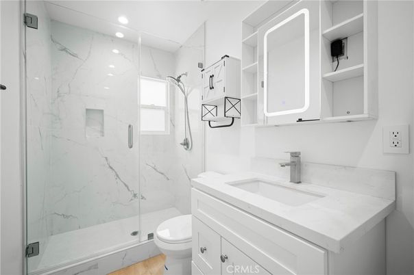 Bathroom, Glass Shower, Interior, Marble Walls, Recessed Lighting