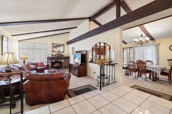 Chandelier, Dining room, Fireplace, Interior, Living room, Wooden Beams