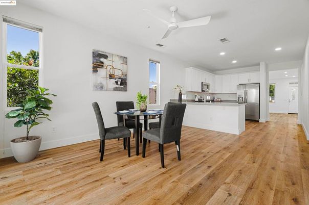 Dining room, Interior, Kitchen, Recessed Lighting, Stainless Steel Appliances, Wood Texture Flooring