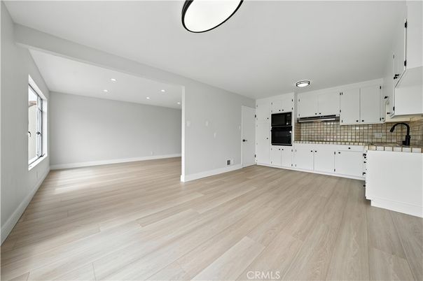 Empty room, Interior, Kitchen, Recessed Lighting, Wood Texture Flooring