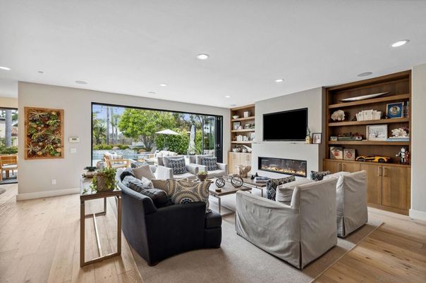 Fireplace, Interior, Living room, Recessed Lighting, Wood Texture Flooring