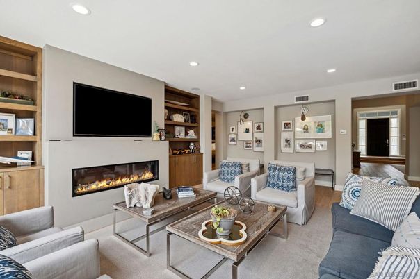 Fireplace, Interior, Living room, Recessed Lighting, Wood Texture Flooring
