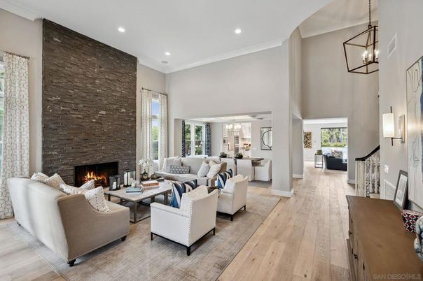 Fireplace, Interior, Living room, Pendant Lights, Recessed Lighting, Stone Walls, Wood Texture Flooring