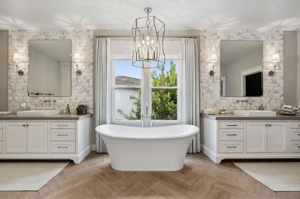 Bathroom, Dual Sink Vanities, Free Standing Baths, Interior, Pendant Lights, Stone Walls, Wood Texture Flooring