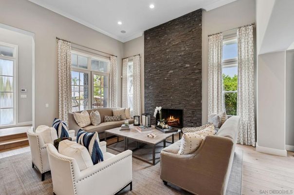 Fireplace, Interior, Living room, Recessed Lighting, Stone Walls, Wood Texture Flooring