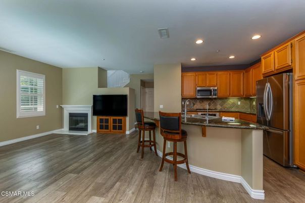 Fireplace, Interior, Kitchen, Recessed Lighting, Wood Texture Flooring
