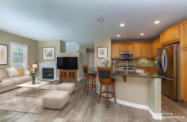 Fireplace, Interior, Kitchen, Living room, Recessed Lighting, Stainless Steel Appliances, Wood Texture Flooring