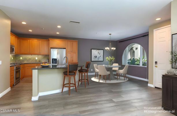 Dining room, Interior, Kitchen, Pendant Lights, Recessed Lighting, Stainless Steel Appliances, Wood Texture Flooring