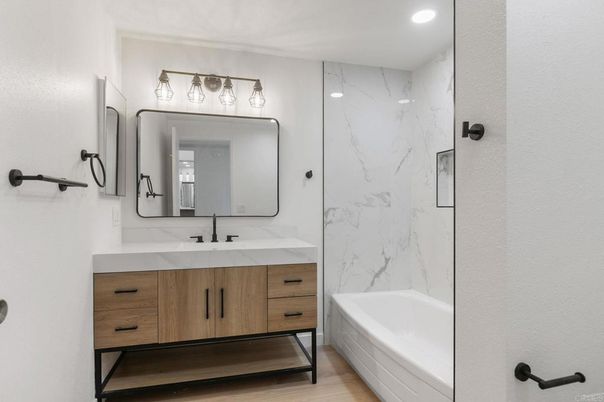 Bathroom, Interior, Marble Walls, Recessed Lighting, Wood Texture Flooring