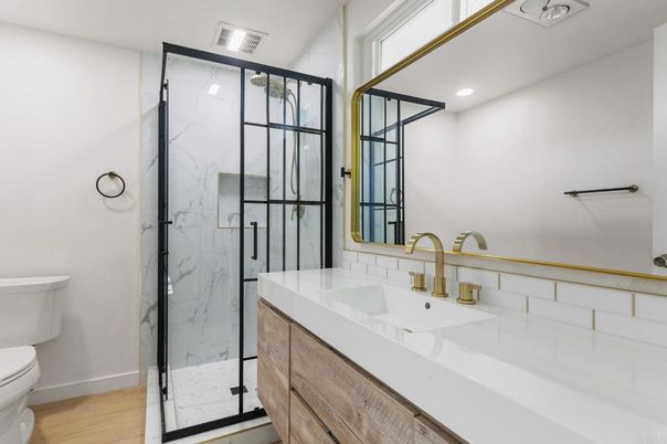 Bathroom, Glass Shower, Interior, Marble Walls, Recessed Lighting, Wood Texture Flooring