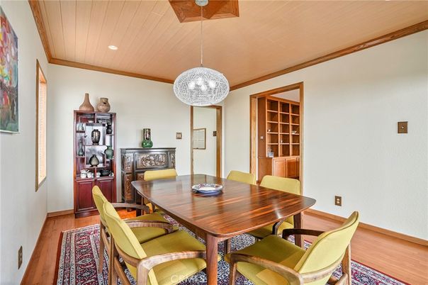 Dining room, Interior, Pendant Lights, Recessed Lighting, Wood Texture Flooring