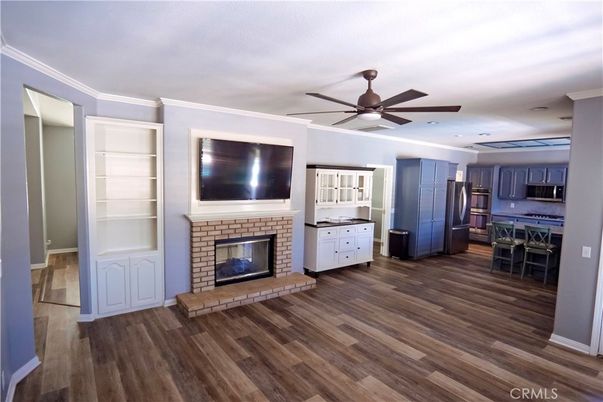 Empty room, Fireplace, Interior, Kitchen, Wood Texture Flooring