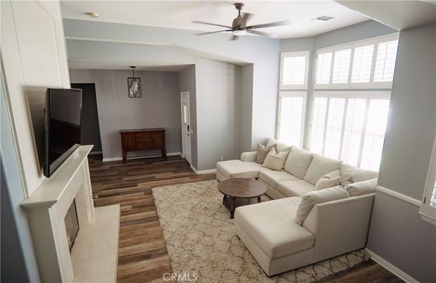 Fireplace, Interior, Living room, Pendant Lights, Wood Texture Flooring