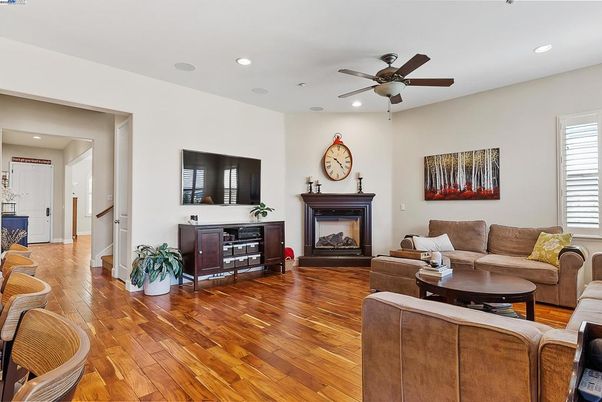 Fireplace, Interior, Living room, Recessed Lighting, Wood Texture Flooring